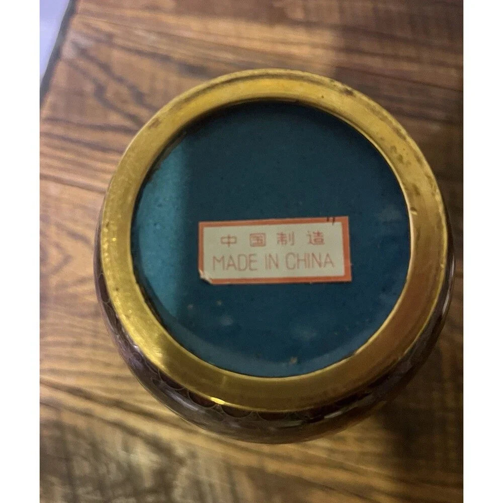 Vintage Chinese Cloissone Enamel And Brass Vase 8.5”